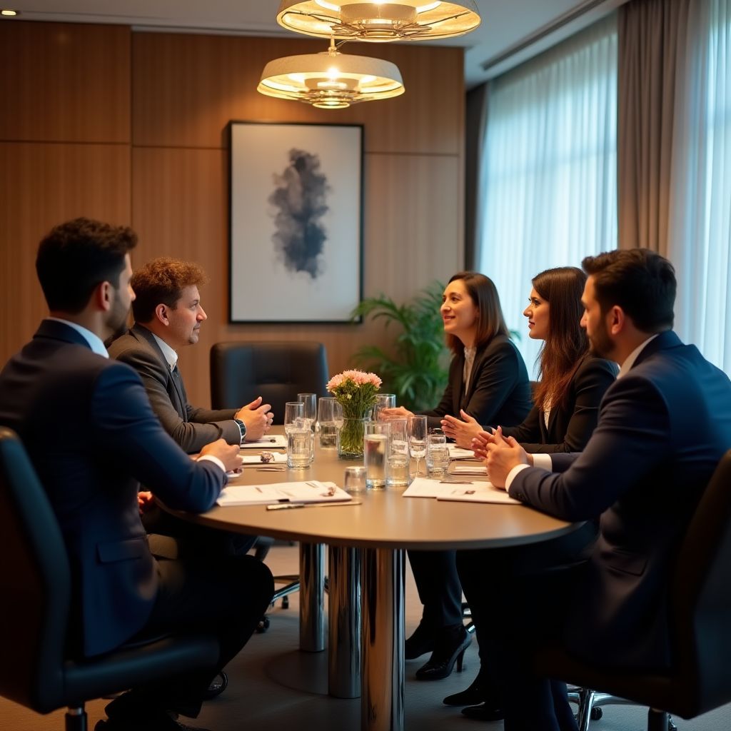 Equipo de asesores financieros en reunión estratégica